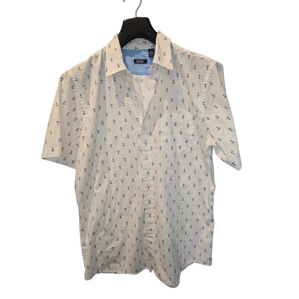 IZOD‎ Mens Short Sleeve Button Down Shirt White Navy Anchor Print Size Large